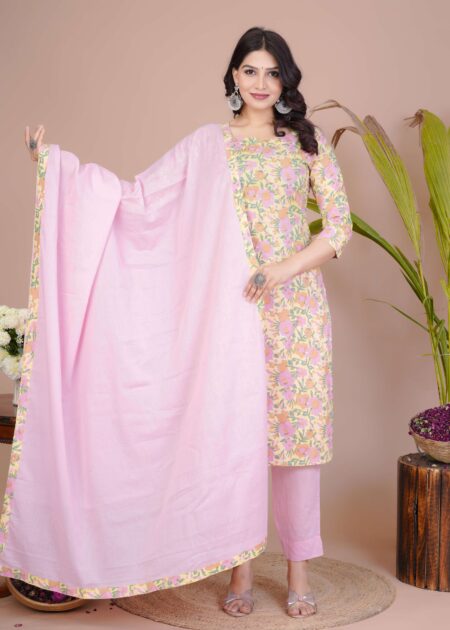 Women's Pink Cotton Printed Straight Kurti with Pant & Dupatta Set