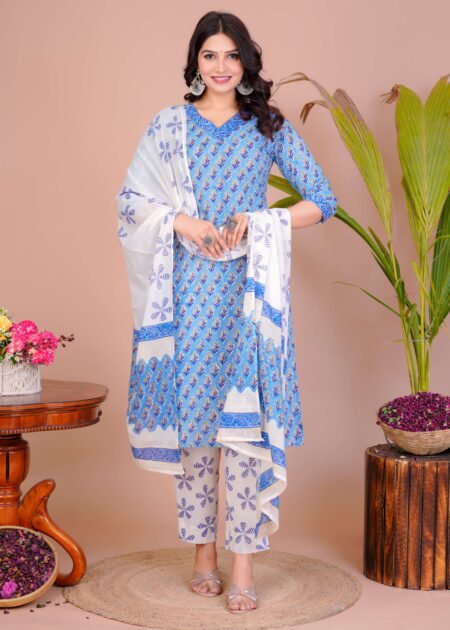 Women's Blue Cotton Printed Straight Kurti with Pant & Dupatta Set