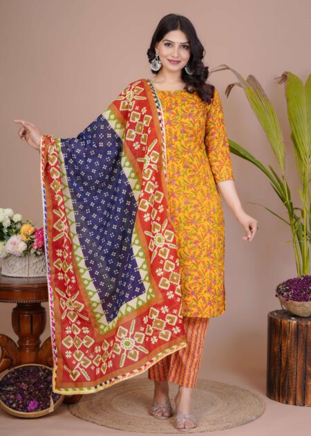 Women's Yellow Cotton Printed Straight Kurti with Pant & Dupatta Set