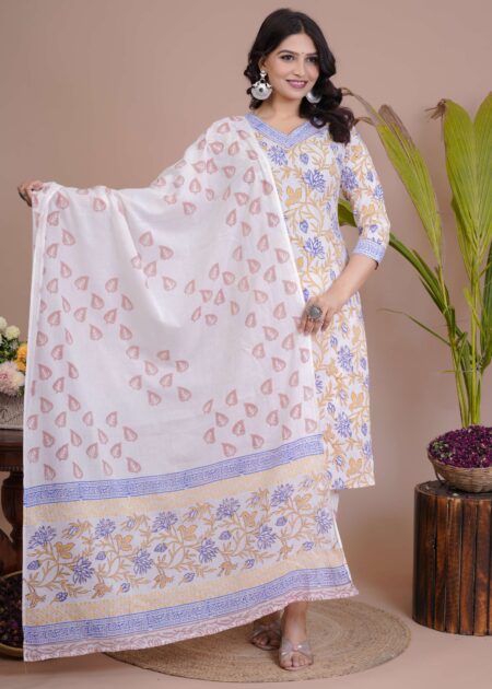 Women's White & Yellow Floral Cotton Straight Kurti with Pant & Dupatta Set