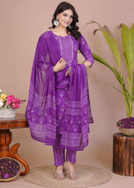 Women's Violet Cotton Printed Straight Kurti with Pant & Dupatta Set
