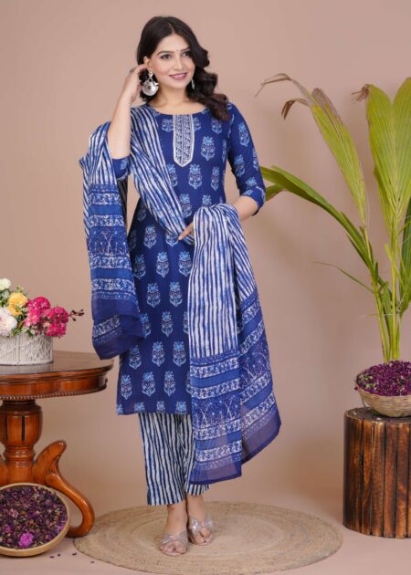 Women's Blue Cotton Printed Straight Kurti with Pant & Dupatta Set